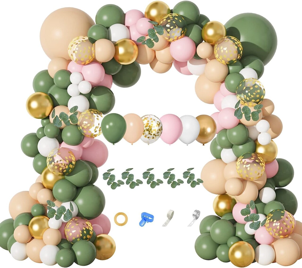 166 Pcs Sage Green Balloon Garland Arch Kit - Olive Green, Blush Peach, & Gold Balloons with Artificial Eucalyptus Stems for Jungle Safari, Baby Shower, & Wedding